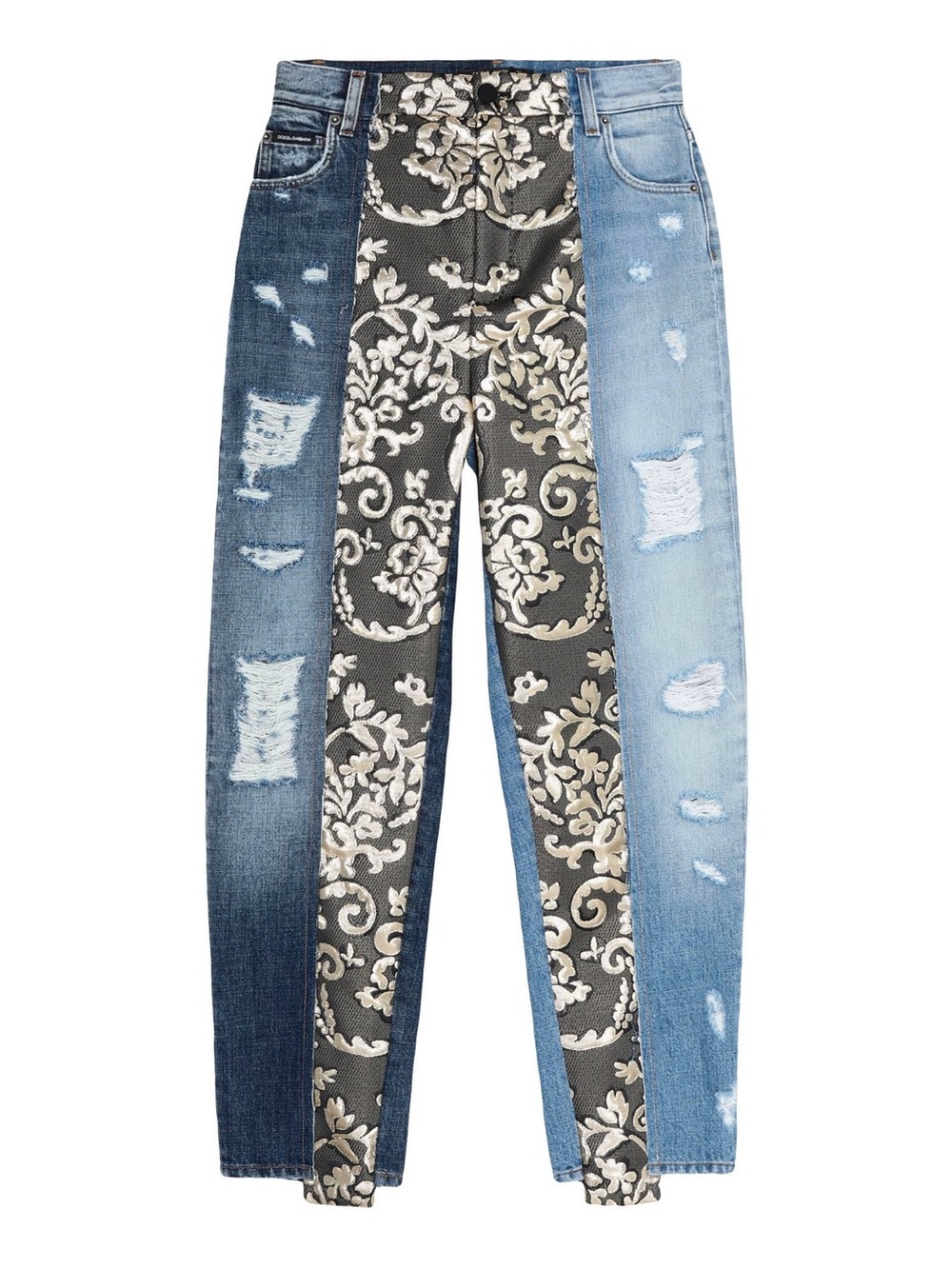 Dolce & Gabbana Two-Tone Distressed Denim Jeans with Black Brocade Panel IT 36